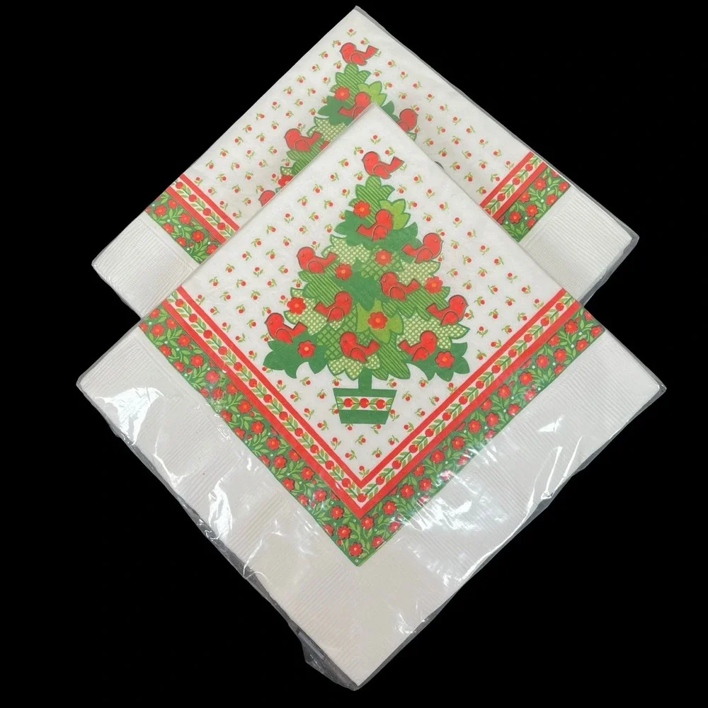Vtg 2 Ambassador Christmas Tree‎ Red Bird Luncheon Napkins MCM Partridge Holly